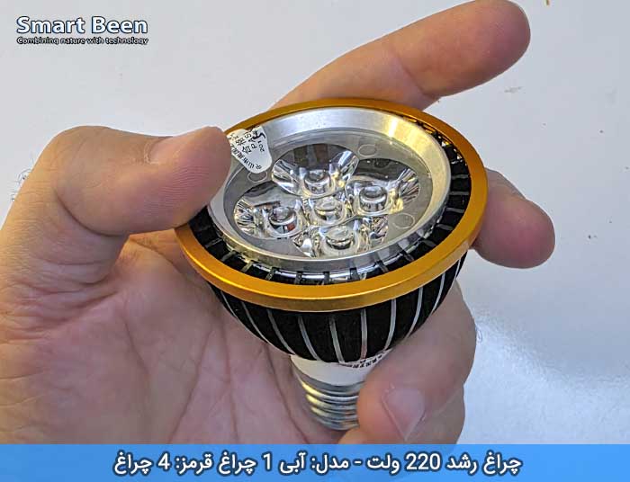 چراغ رشد گیاه دارای 5 LED که 4 تای آن طبف آبی و 1 عدد آن طیف قرمز دارد