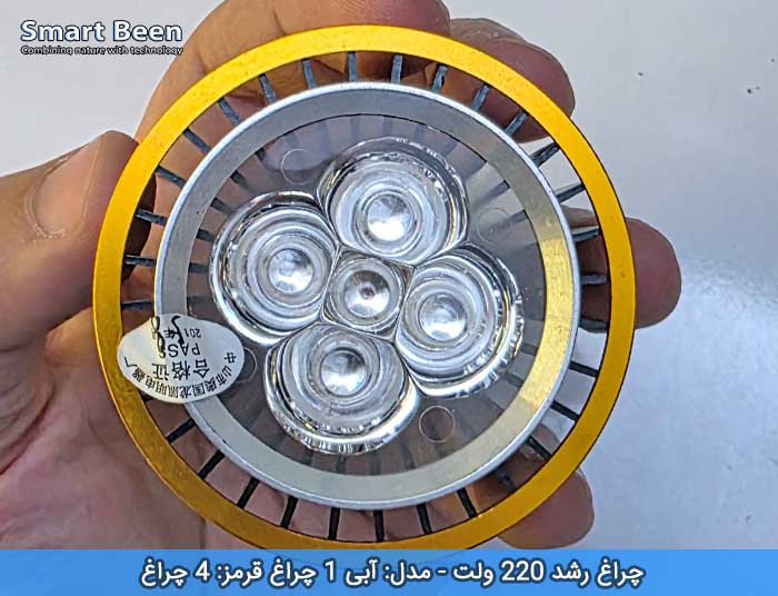 چراغ رشد گیاه دارای 5 LED که 4 تای آن طبف آبی و 1 عدد آن طیف قرمز دارد